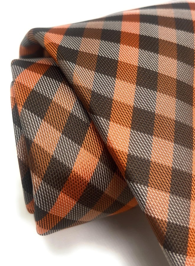 Scott Allan Collection ربطة عنق سكوت آلان رجالية بنية وبرتقالية | ربطة عنق منسوجة قياسية للبالغين | ربطة عنق برتقالية بنقشة مربعات للرجال - Image 3